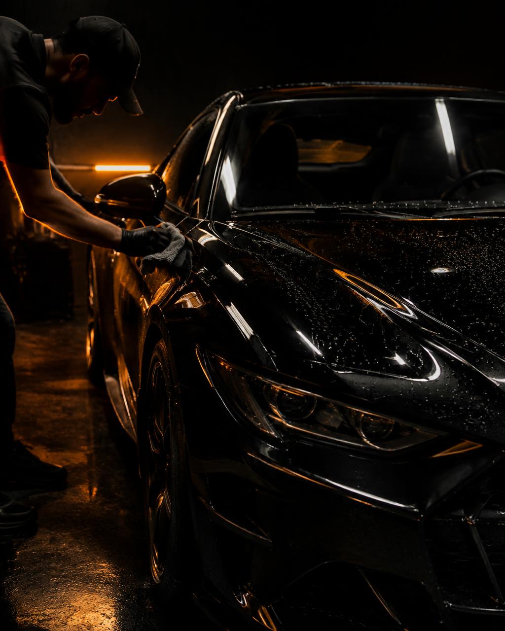 Glossy black car with water beading after detailing